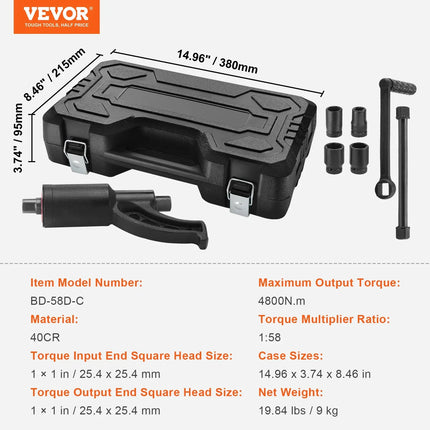VEVOR Torque Multiplier, Heavy Duty Torque Multiplier Wrench Set, 1 Inch Drive Lug Nut Wrench Torque Multiplier, 1:58 4800N.m Lug Nut Remover, with 4 Sockets and Storage Case for Truck Trailer RV - MBXGadgets