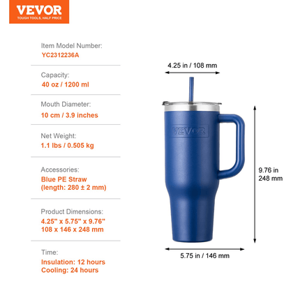 40 oz Insulated Water Bottle Stainless Steel Coffee Cup Handheld Blue - MBXGadgets